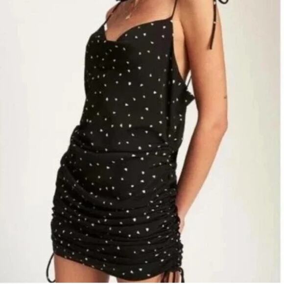 NWT Lioness String Along Mini Dress Black Heart Print Ruched Adjustable 4 - Picture 1 of 15